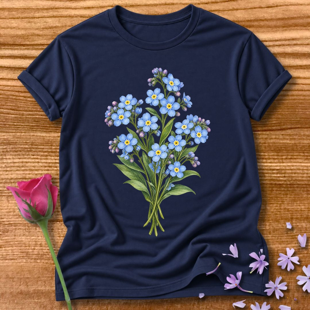 Blue Wildflower Bouquet — Watercolor Botanical T-Shirt for Women in Navy