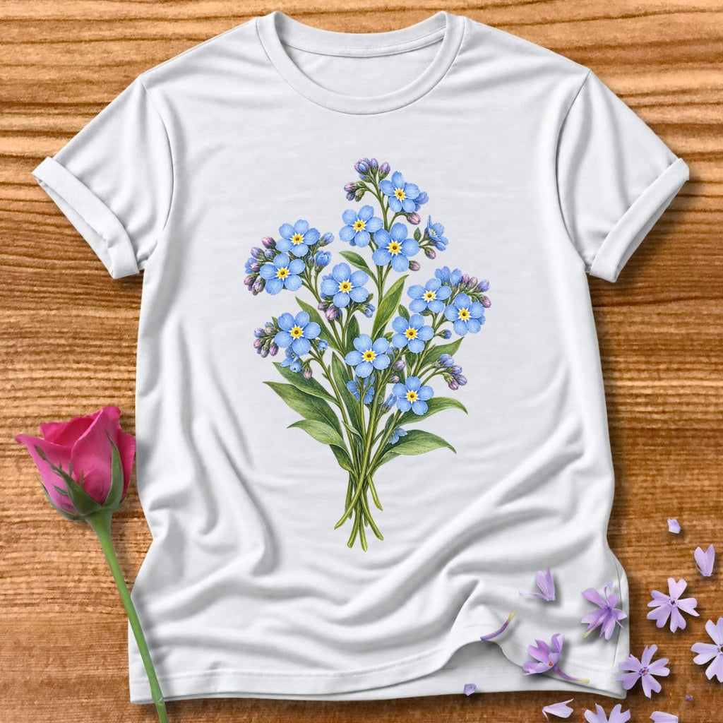Blue Wildflower Bouquet — Watercolor Botanical T-Shirt for Women in White