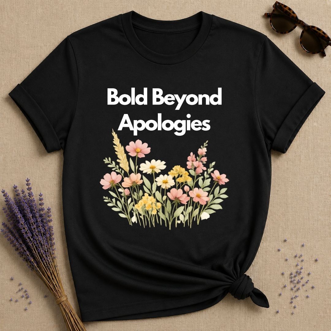 Bold Beyond Apologies — Wildflower Botanical Empowerment T-Shirt for Women in Black
