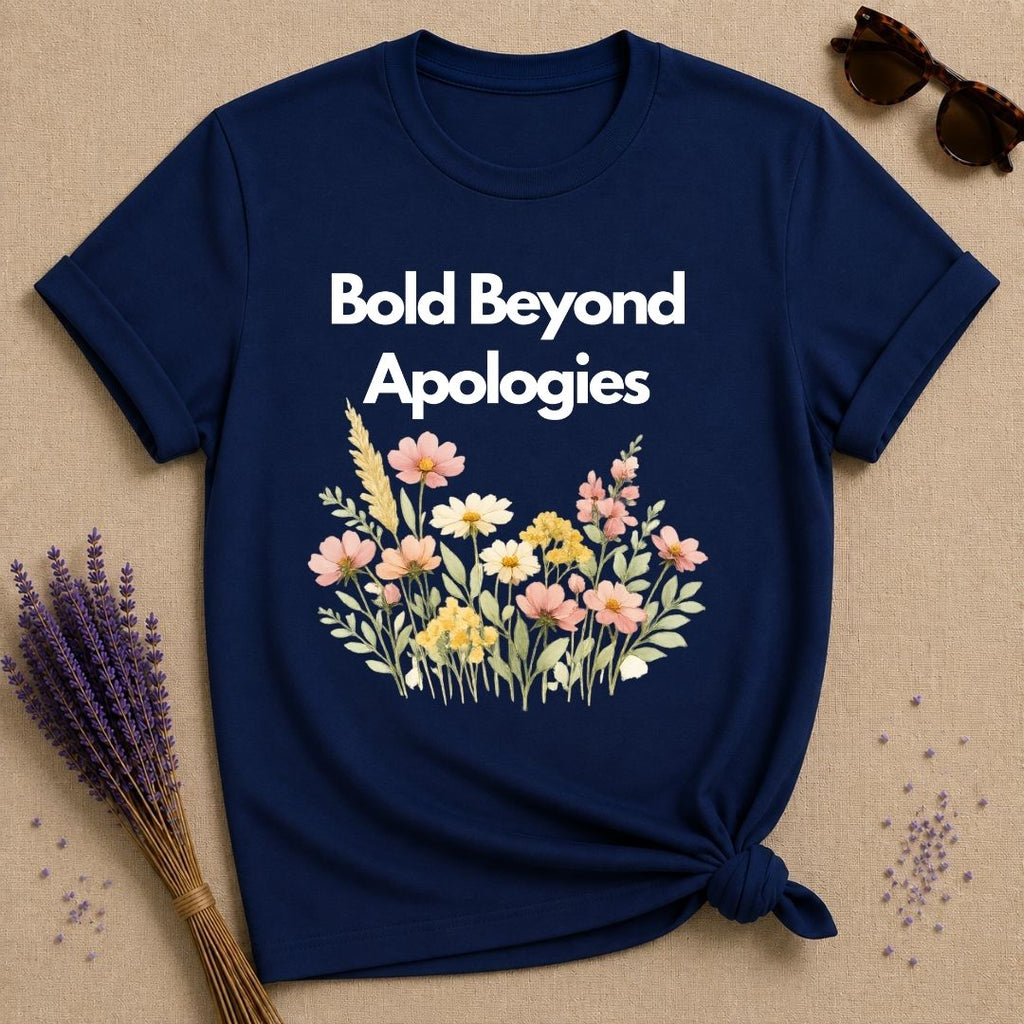Bold Beyond Apologies — Wildflower Botanical Empowerment T-Shirt for Women in Navy