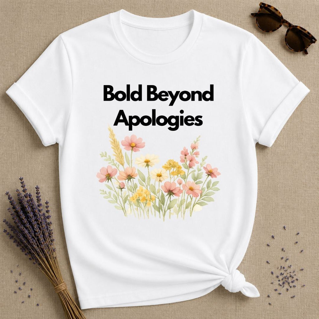 Bold Beyond Apologies — Wildflower Botanical Empowerment T-Shirt for Women in White