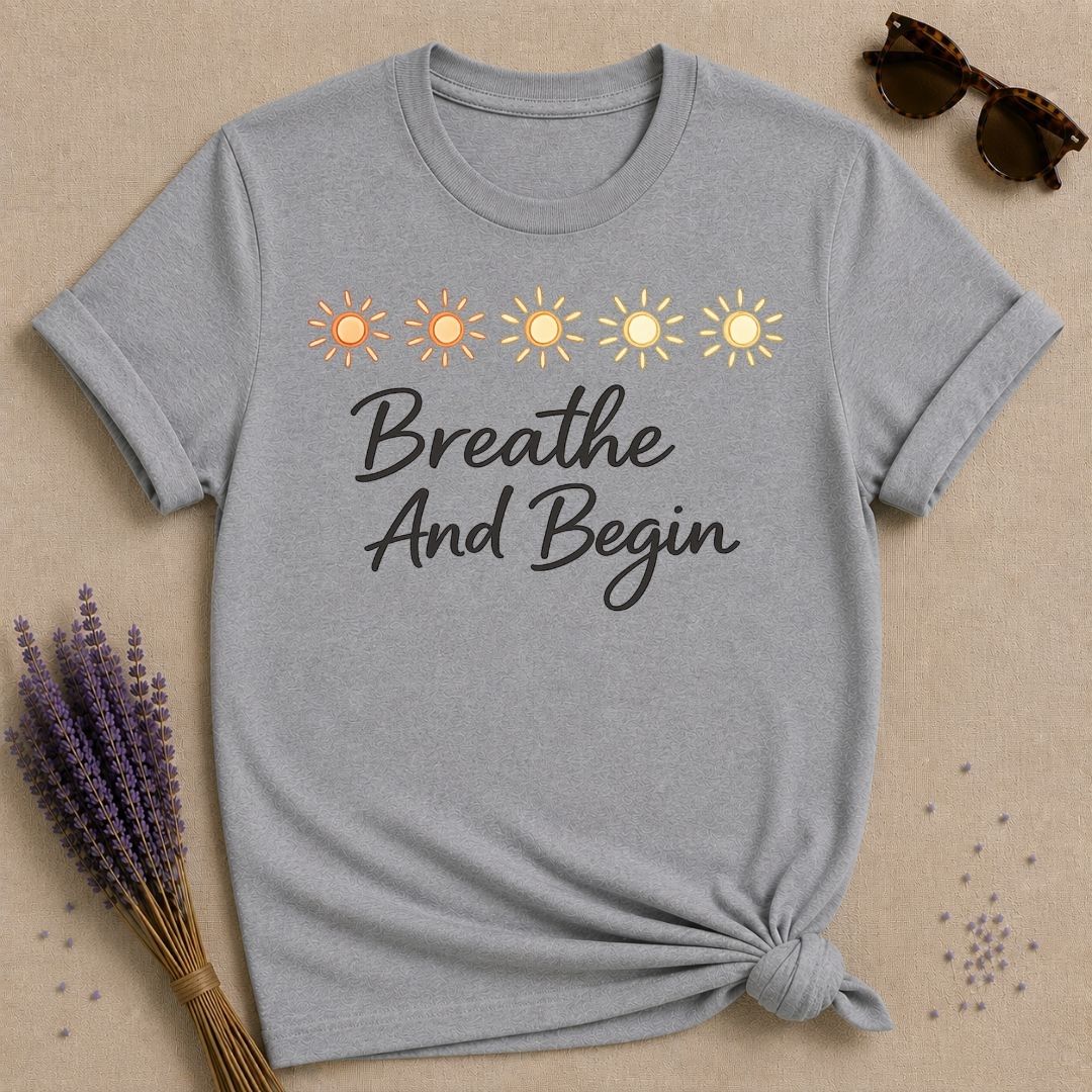 Breathe and Begin — Watercolor Sun Row T-Shirt for Women in Sport Grey