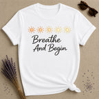Breathe and Begin — Watercolor Sun Row T-Shirt for Women in White