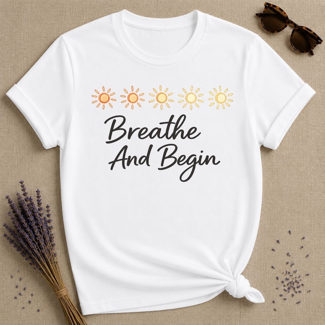 Breathe and Begin — Watercolor Sun Row T-Shirt for Women in White