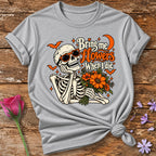 Bring Me Flowers When I Die — Halloween Skeleton Floral T-Shirt for Women in Sport Grey