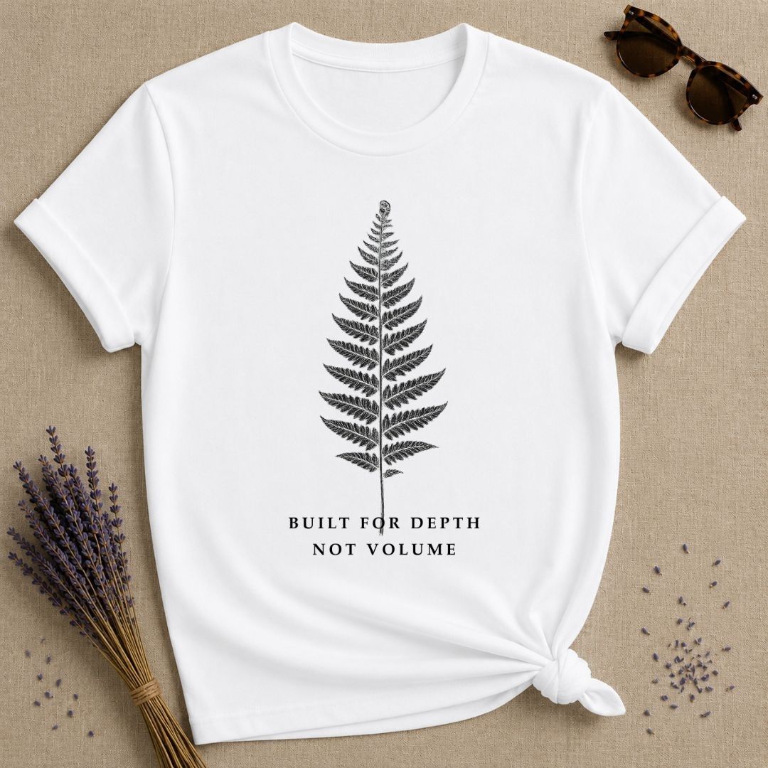 Built for Depth Not Volume — Introvert Quote T-Shirt for Women — White
