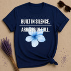 Built in Silence. Arrived in Full. — Plumeria Botanical T-Shirt for Women in Navy