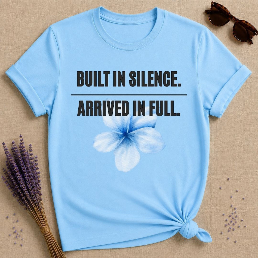 Built in Silence. Arrived in Full. — Plumeria Botanical T-Shirt for Women in Sky