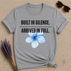 Built in Silence. Arrived in Full. — Plumeria Botanical T-Shirt for Women in Sport Grey
