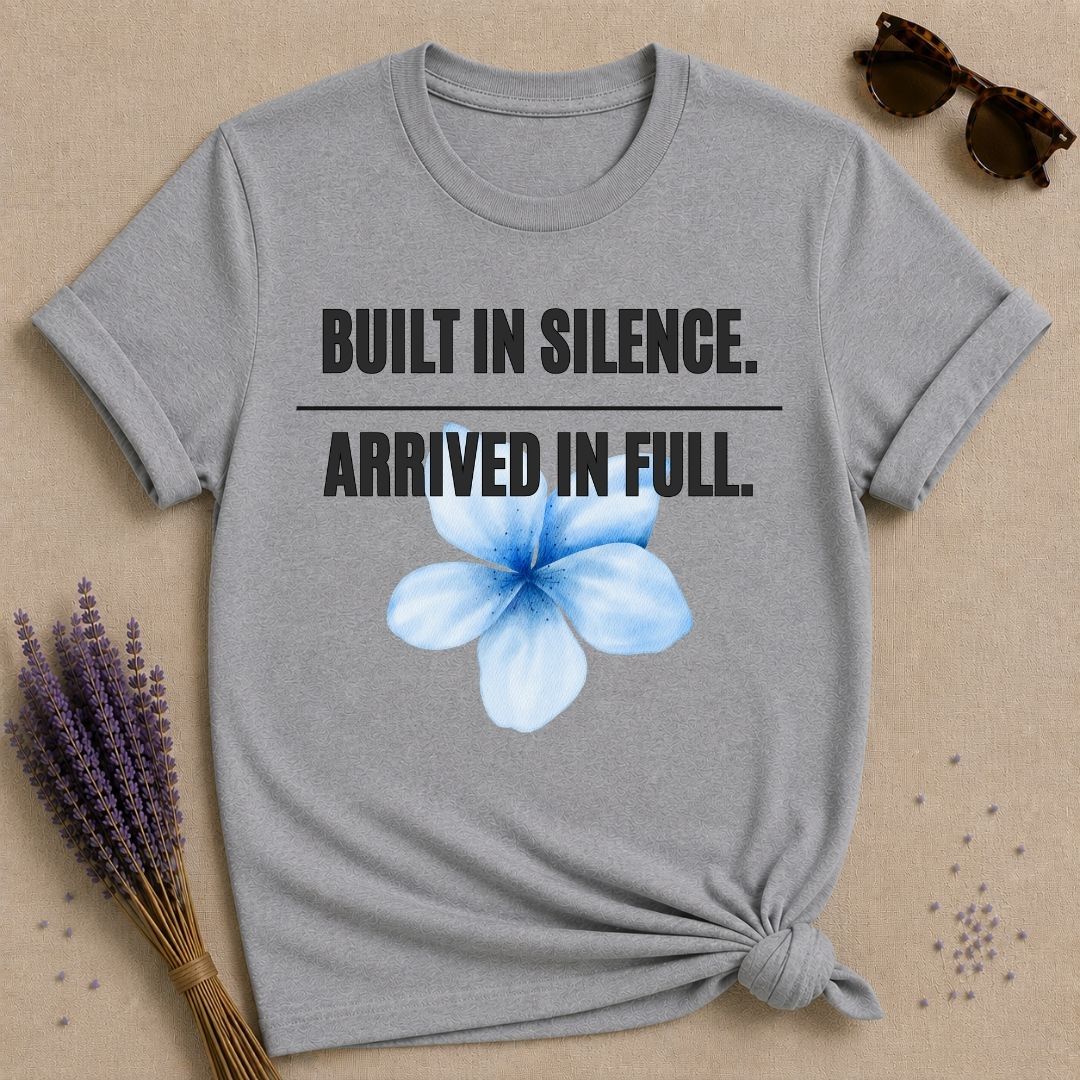 Built in Silence. Arrived in Full. — Plumeria Botanical T-Shirt for Women in Sport Grey