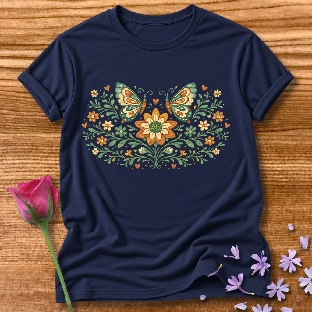 Butterflies and Sunflowers — Botanical Floral Wreath Graphic in Navy