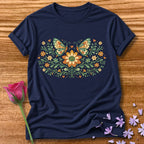 Butterflies and Sunflowers — Botanical Floral Wreath Graphic in Navy
