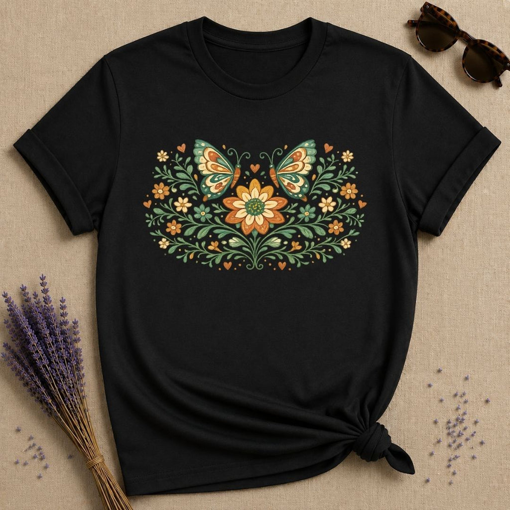 Butterflies and Sunflowers — Botanical Floral Wreath Graphic T-Shirt for Women in Black