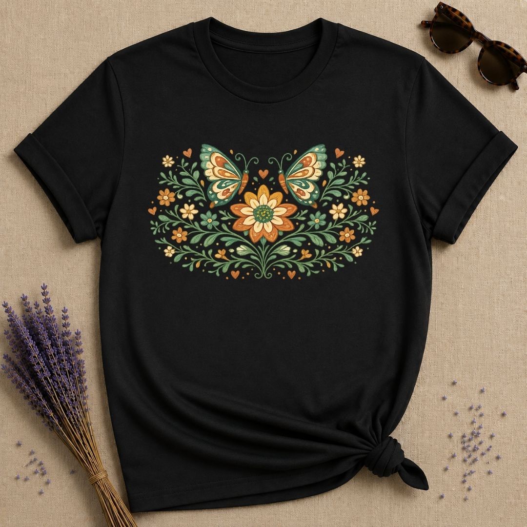 Butterflies and Sunflowers — Botanical Floral Wreath Graphic T-Shirt for Women in Black