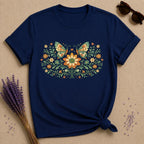 Butterflies and Sunflowers — Botanical Floral Wreath Graphic T-Shirt for Women in Navy