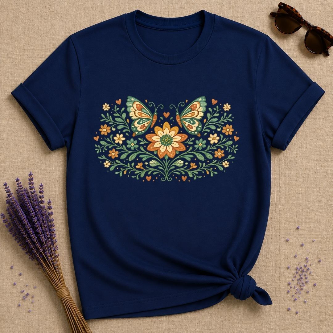 Butterflies and Sunflowers — Botanical Floral Wreath Graphic T-Shirt for Women in Navy