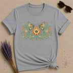 Butterflies and Sunflowers — Botanical Floral Wreath Graphic T-Shirt for Women in Sport Grey