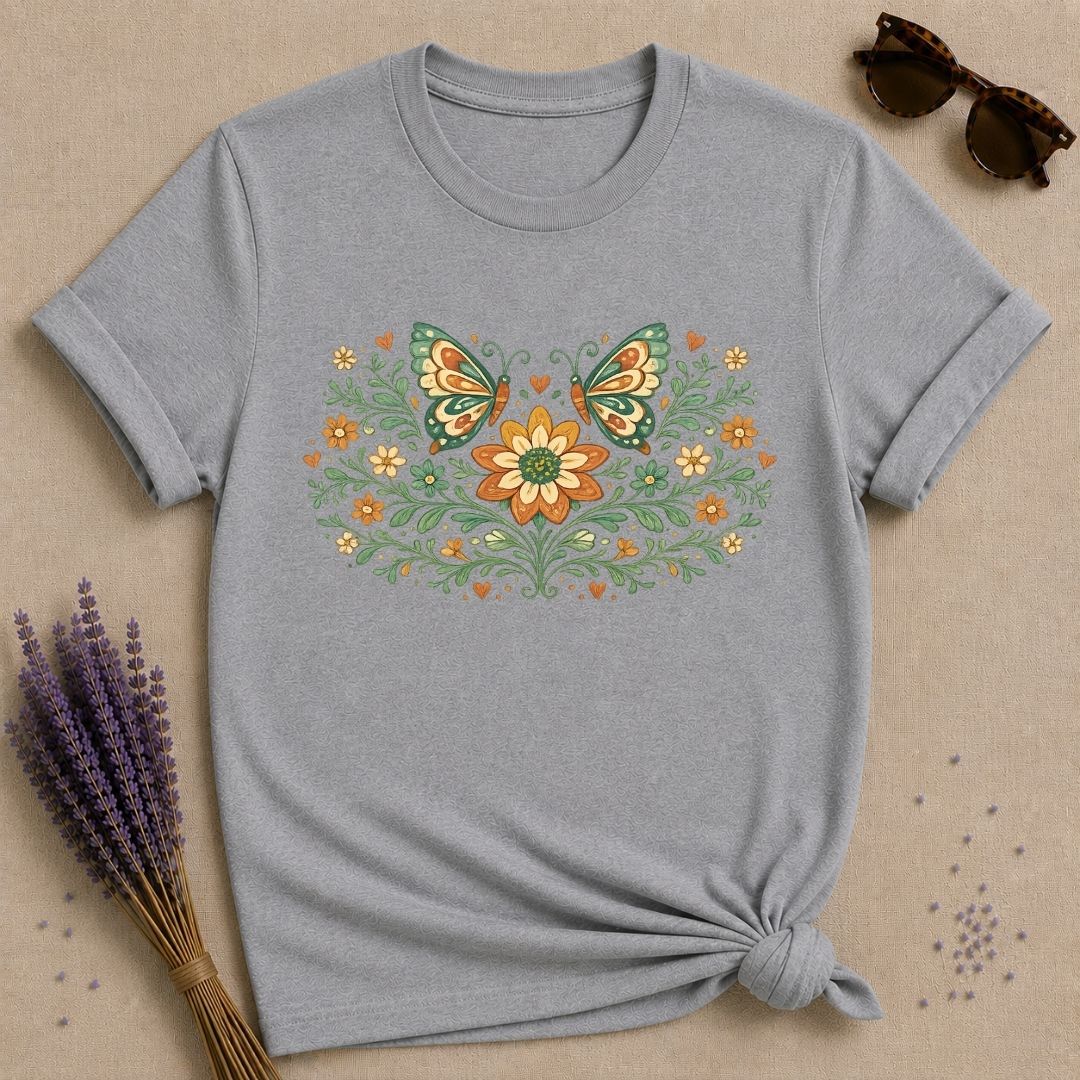 Butterflies and Sunflowers — Botanical Floral Wreath Graphic T-Shirt for Women in Sport Grey