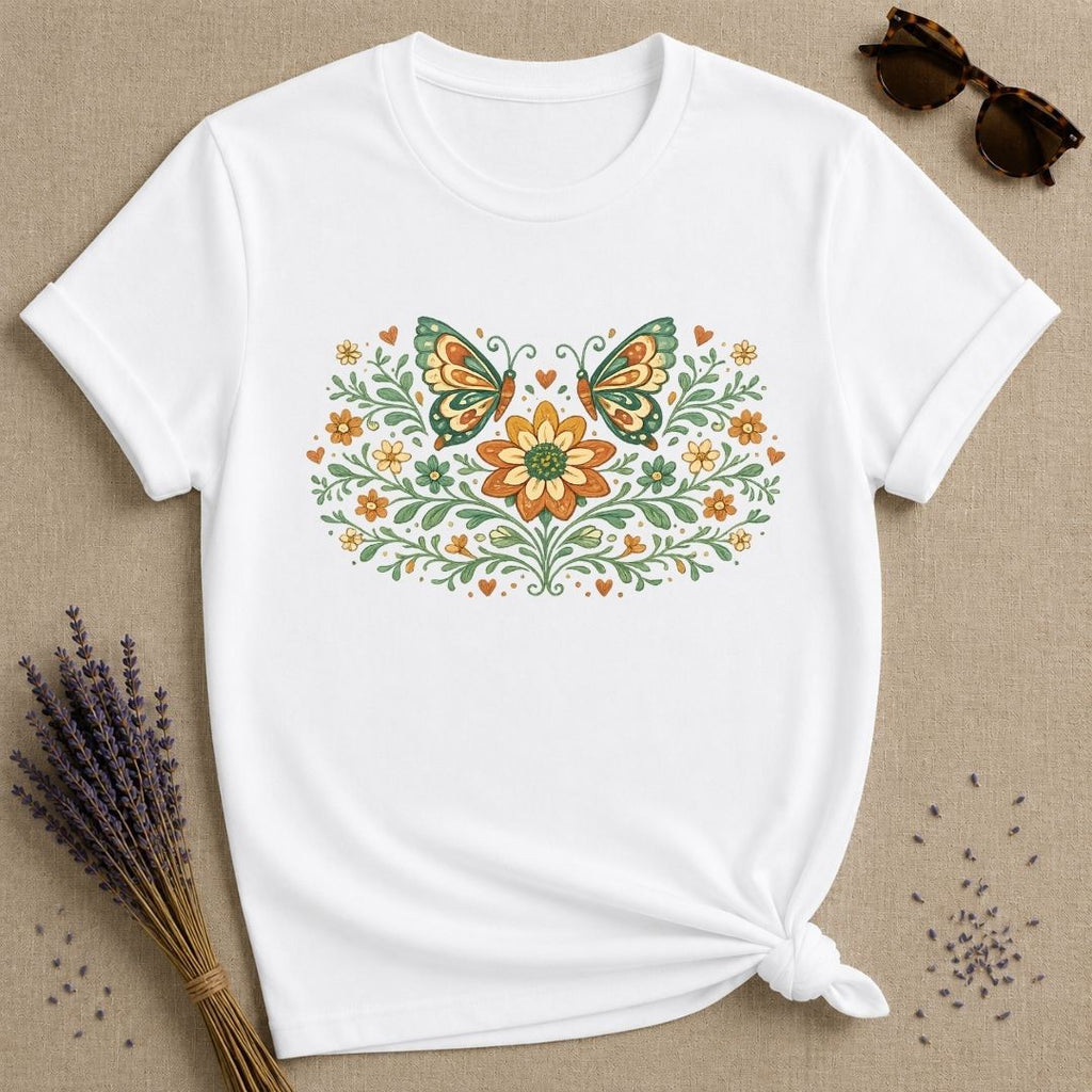 Butterflies and Sunflowers — Botanical Floral Wreath Graphic T-Shirt for Women in White