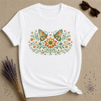 Butterflies and Sunflowers — Botanical Floral Wreath Graphic T-Shirt for Women in White