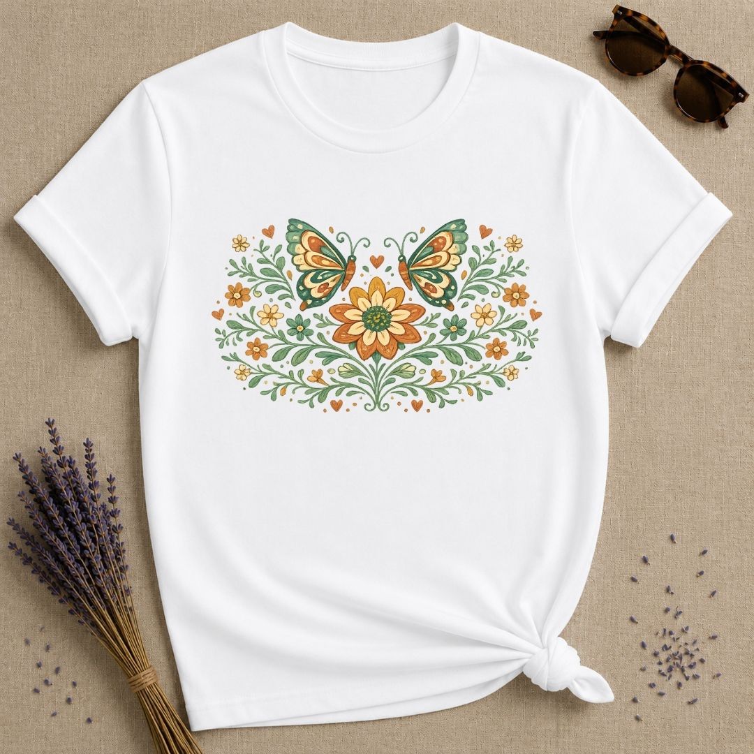 Butterflies and Sunflowers — Botanical Floral Wreath Graphic T-Shirt for Women in White