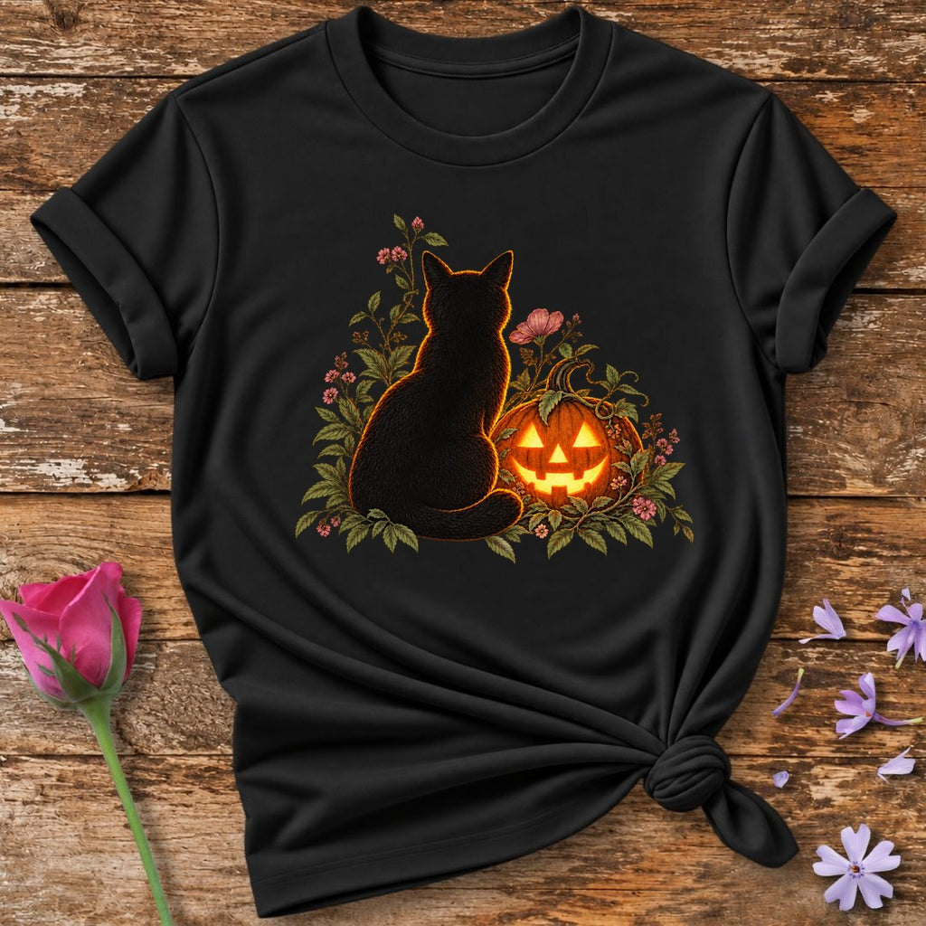 Black Cat and Jack-o'-Lantern — Halloween Botanical T-Shirt for Women in Black