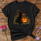 Black Cat and Jack-o'-Lantern — Halloween Botanical T-Shirt for Women in Black
