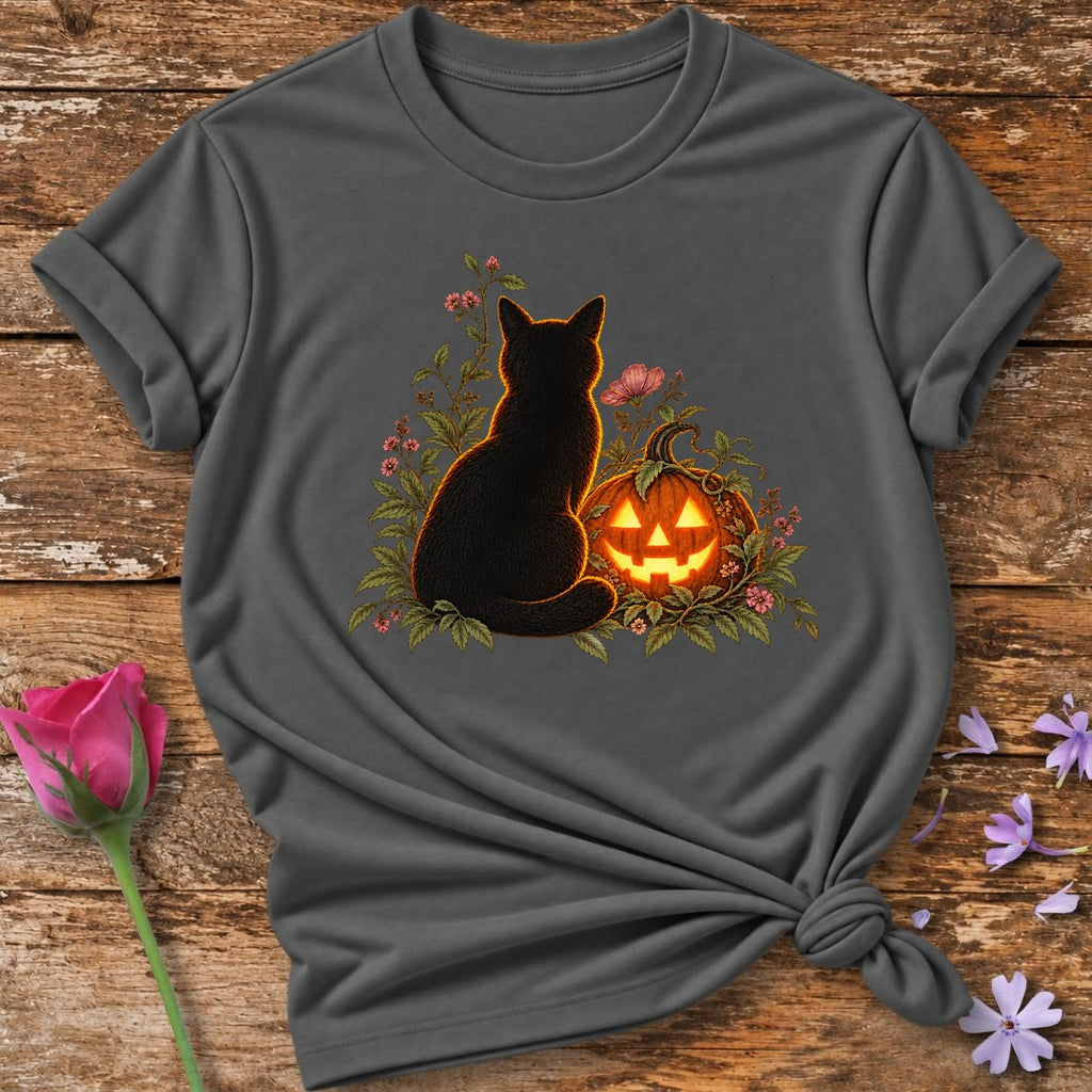 Black Cat and Jack-o'-Lantern — Halloween Botanical T-Shirt for Women in Charcoal
