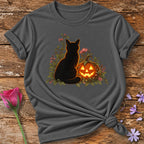 Black Cat and Jack-o'-Lantern — Halloween Botanical T-Shirt for Women in Charcoal