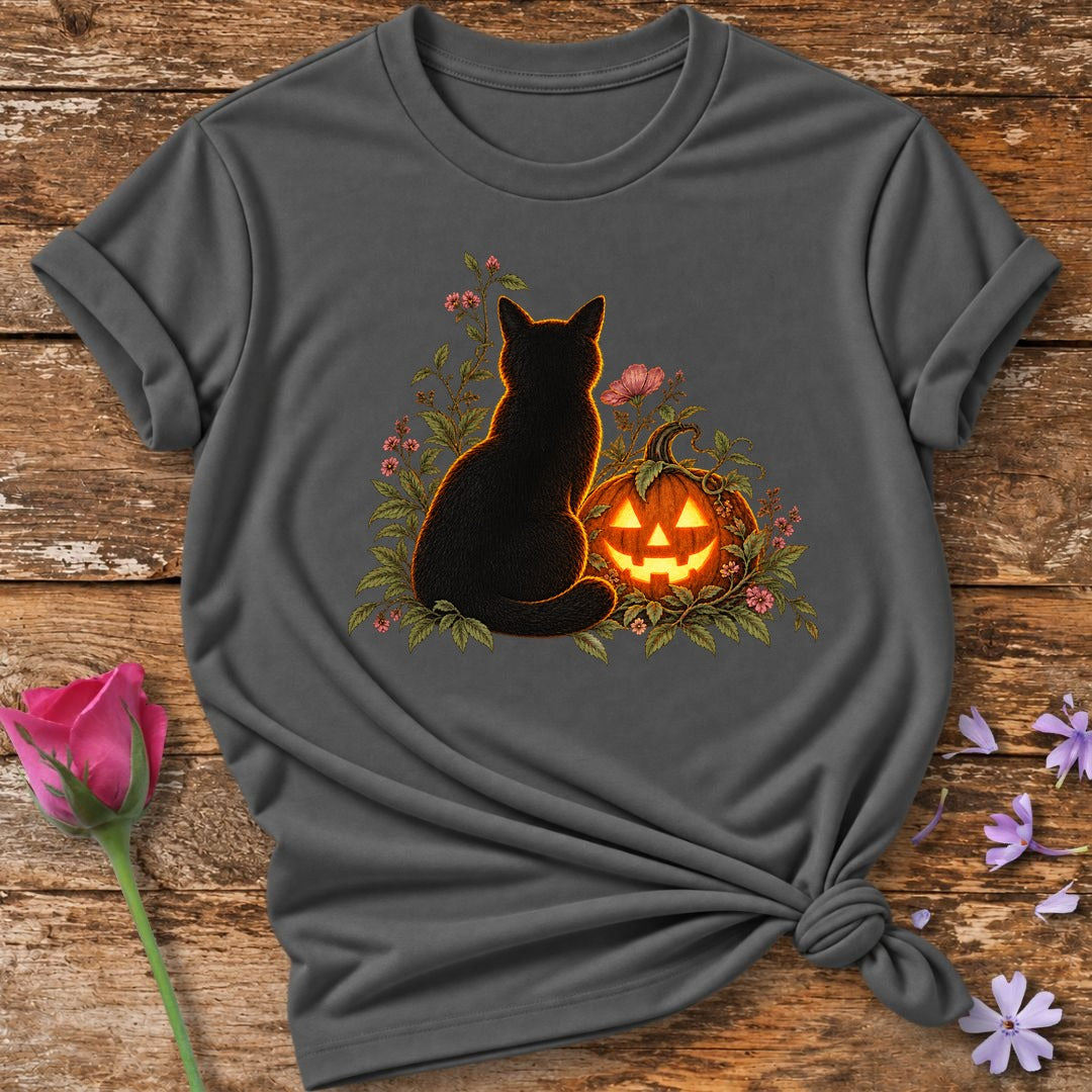 Black Cat and Jack-o'-Lantern — Halloween Botanical T-Shirt for Women in Charcoal