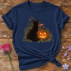 Black Cat and Jack-o'-Lantern — Halloween Botanical T-Shirt for Women in Navy