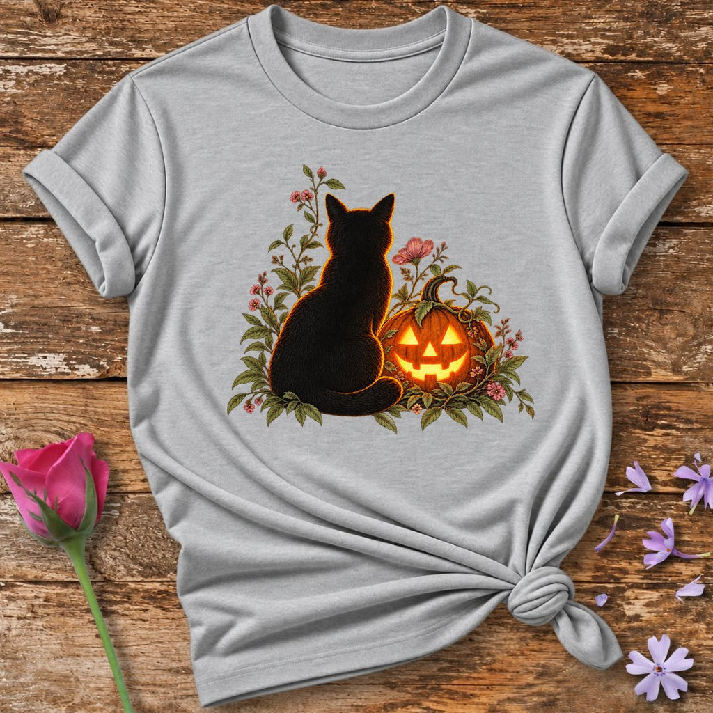 Black Cat and Jack-o'-Lantern — Halloween Botanical T-Shirt for Women in Sport Grey