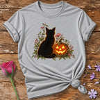 Black Cat and Jack-o'-Lantern — Halloween Botanical T-Shirt for Women in Sport Grey