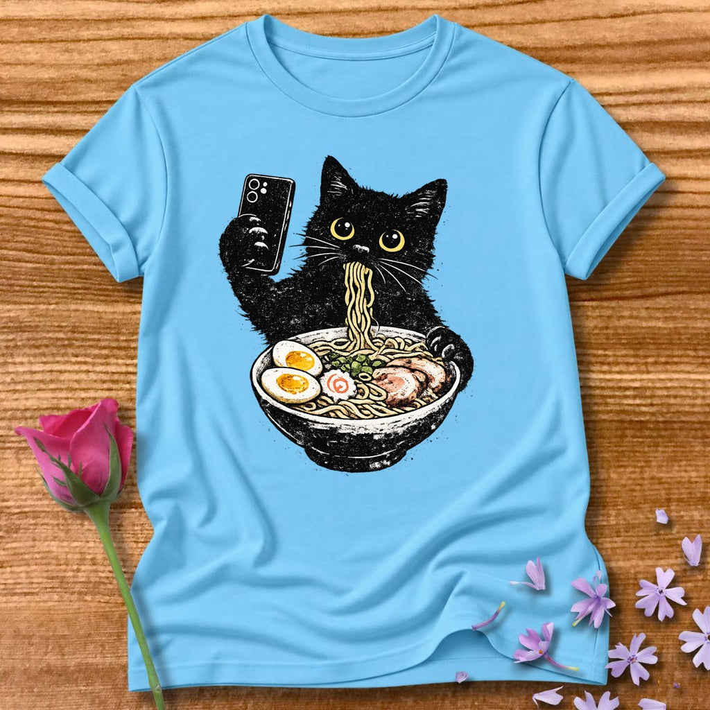 Cat Eating Ramen — Vintage Distressed Humor Graphic in Sky