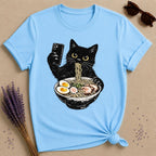Cat Eating Ramen — Vintage Distressed Humor Graphic T-Shirt for Women in Sky