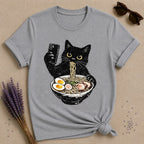 Cat Eating Ramen — Vintage Distressed Humor Graphic T-Shirt for Women in Sport Grey