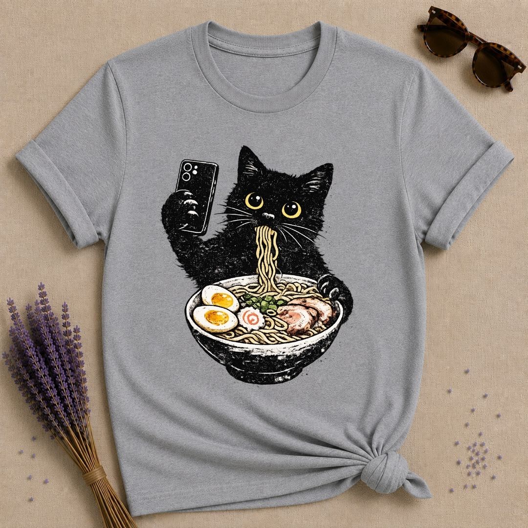 Cat Eating Ramen — Vintage Distressed Humor Graphic T-Shirt for Women in Sport Grey