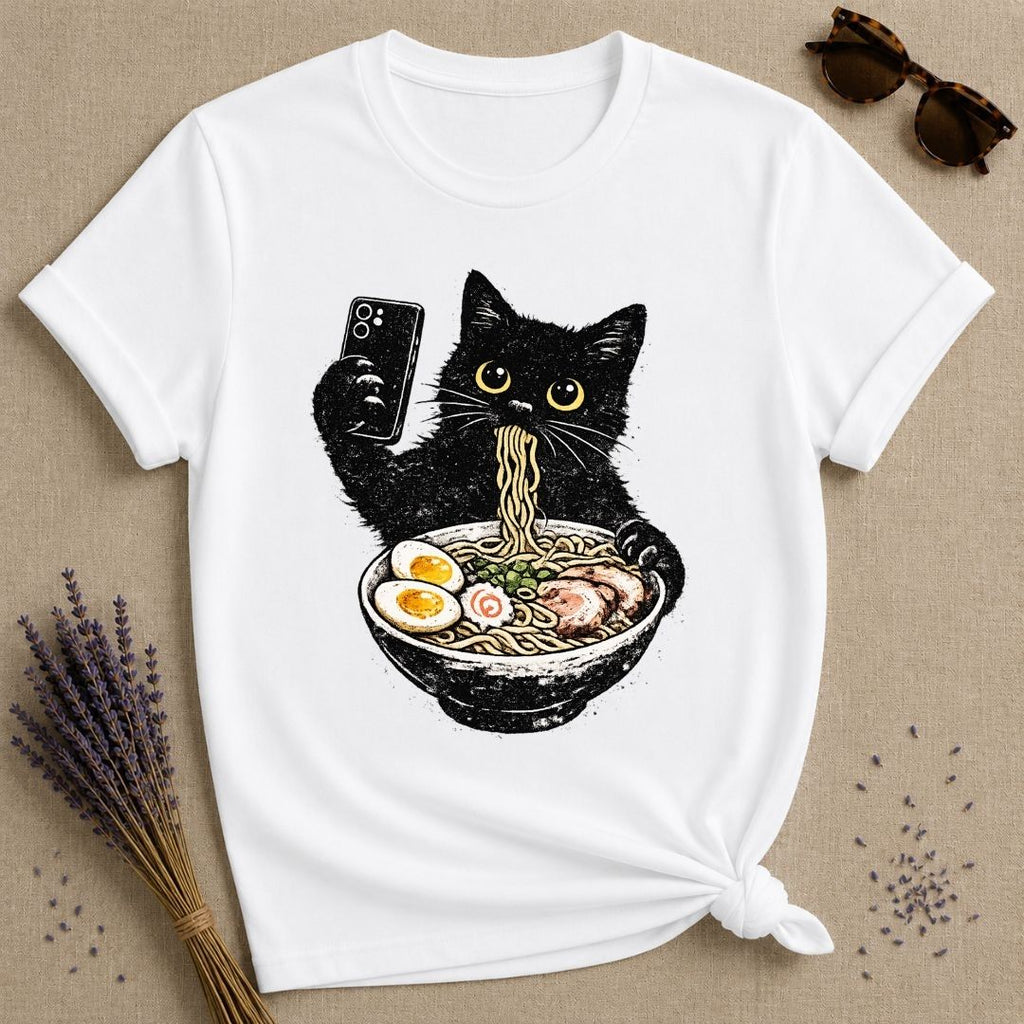 Cat Eating Ramen — Vintage Distressed Humor Graphic T-Shirt for Women in White