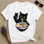 Cat Eating Ramen — Vintage Distressed Humor Graphic T-Shirt for Women in White