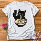 Cat Eating Ramen — Vintage Distressed Humor Graphic in White