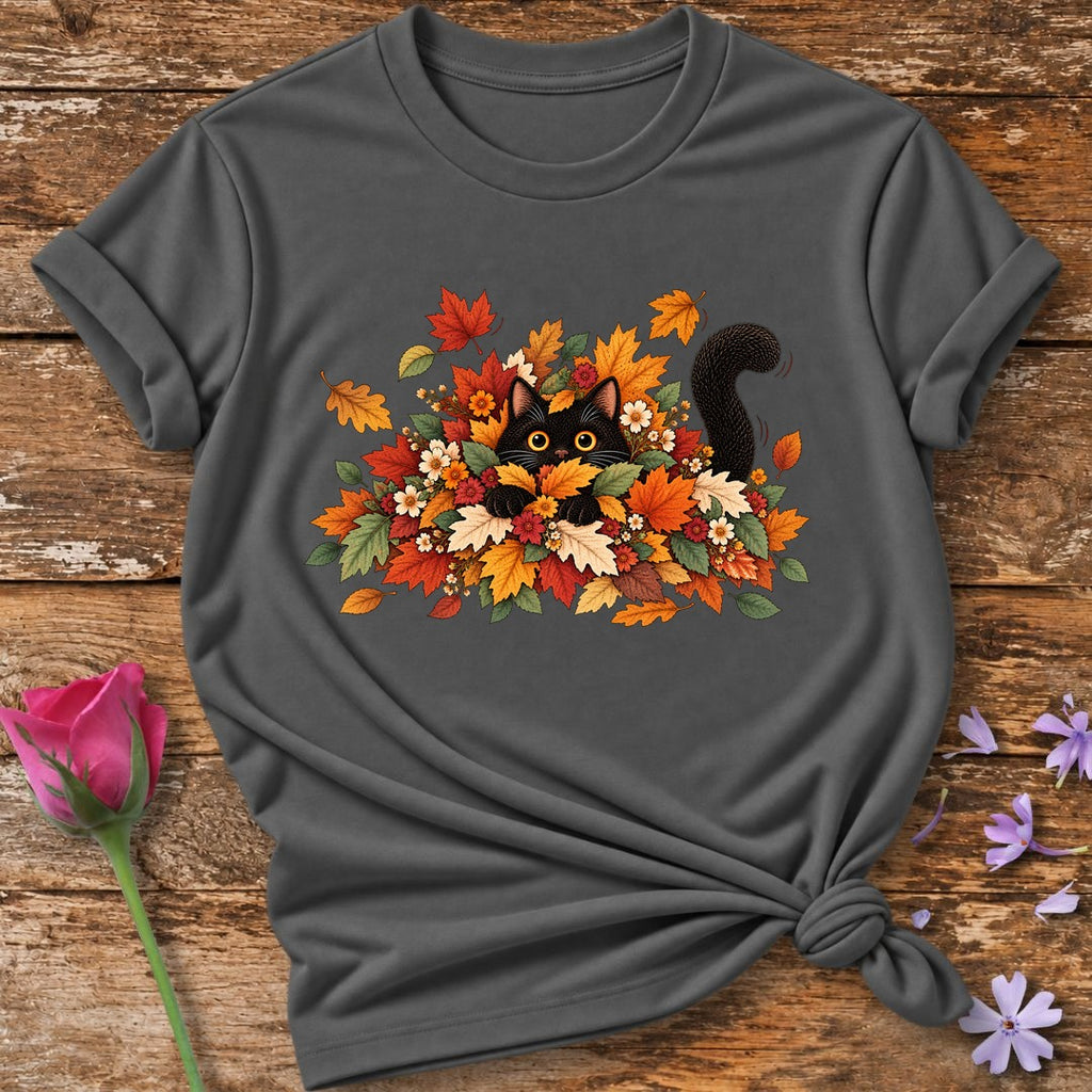 Cat in Autumn Leaves T-Shirt in Charcoal