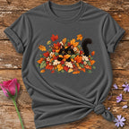 Cat in Autumn Leaves T-Shirt in Charcoal