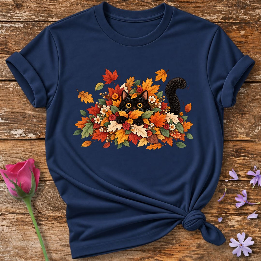 Cat in Autumn Leaves T-Shirt in Navy