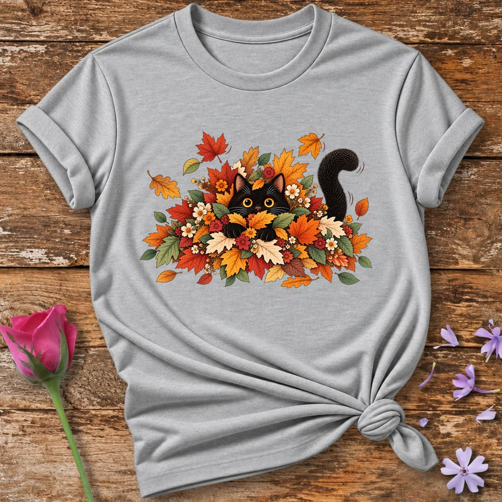Cat in Autumn Leaves T-Shirt in Sport Grey