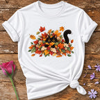 Cat in Autumn Leaves T-Shirt in White
