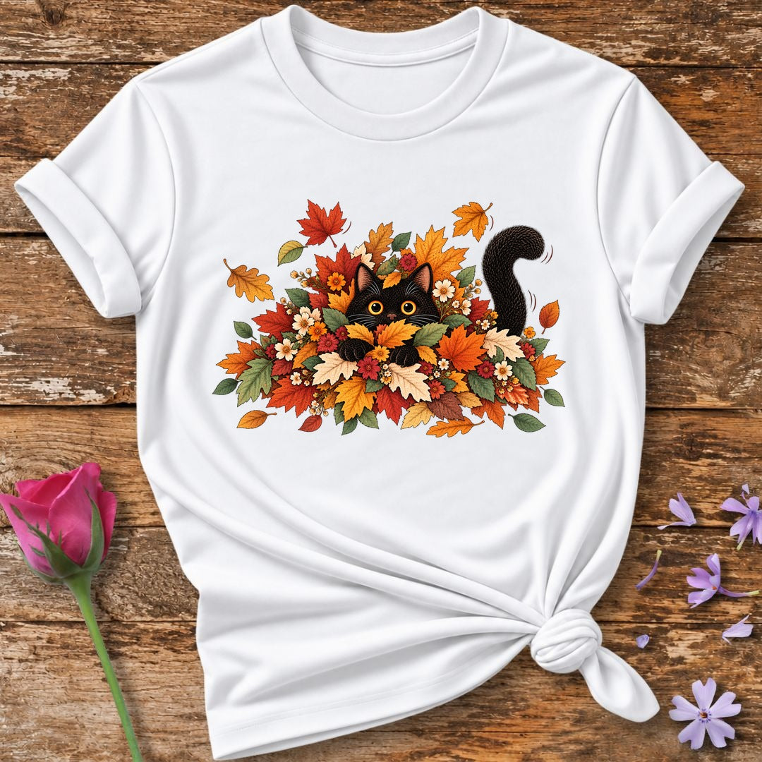 Cat in Autumn Leaves T-Shirt in White