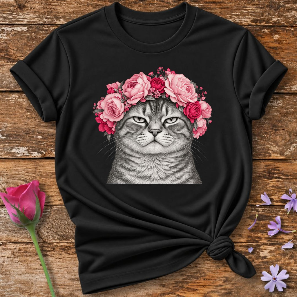 Cat in Floral Crown — Monochrome Botanical T-Shirt for Women in Black