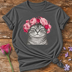 Cat in Floral Crown — Monochrome Botanical T-Shirt for Women in Charcoal