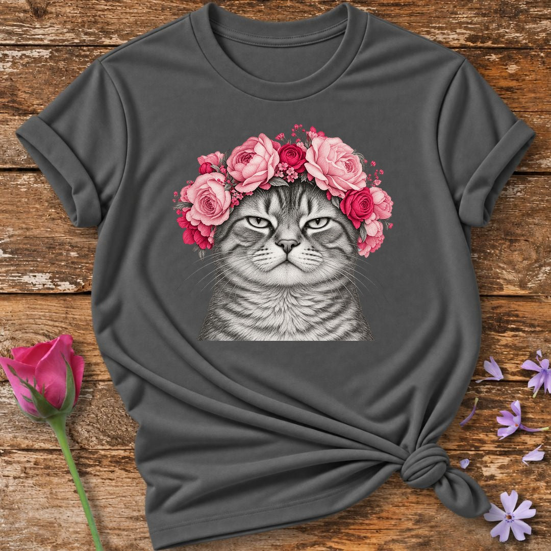 Cat in Floral Crown — Monochrome Botanical T-Shirt for Women in Charcoal