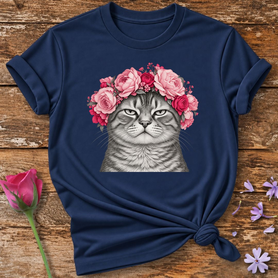Cat in Floral Crown — Monochrome Botanical T-Shirt for Women in Navy